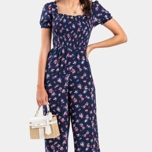 Pre-loved Francesca's Collections Red and Blue Floral Jumpsuit.